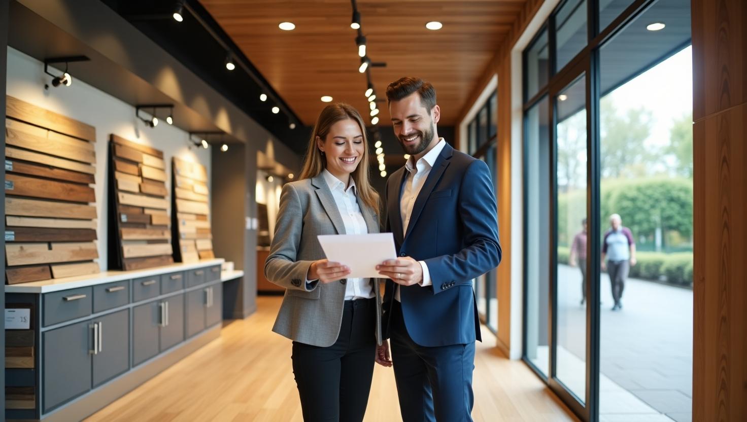 Nhân viên tư vấn sàn gỗ công nghiệp tại showroom uy tín